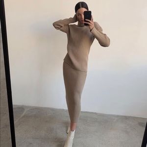 Rib knit skirt set turtle neck